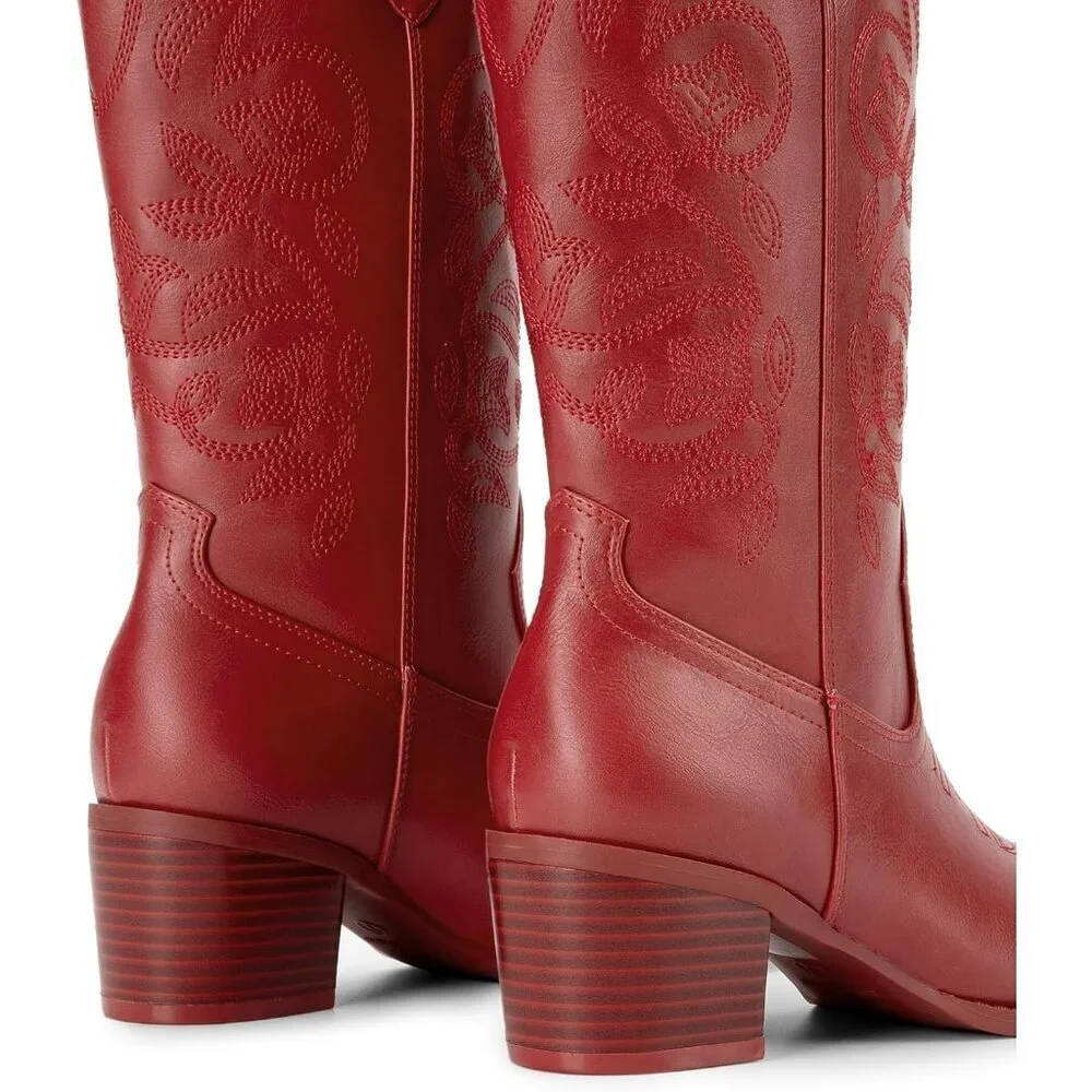 Women's Cowgirl Western Leather Embroidery Stitched Chunky Heel Mid Calf Boot